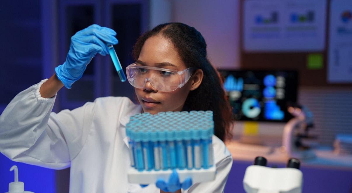 Scientist in lab coat and goggles holding a test tube with blue liquid.