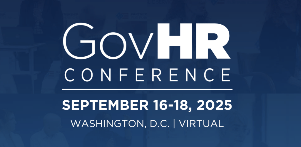 Blue and white event banner for GovHR Conference in September
